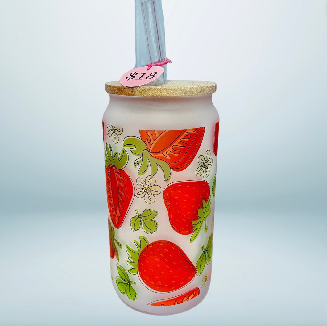 “Strawberry Fields” 18oz Glass Can Cup