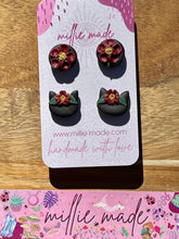 Load image into Gallery viewer, Black Cat w/ Flower Crown Stud Set
